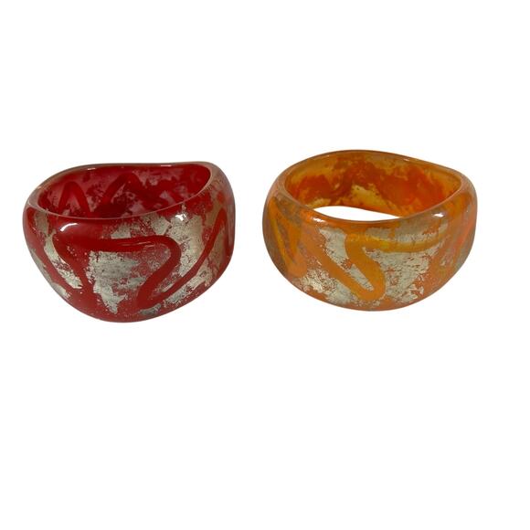 Resin Bangle Bracelets Womens Set of 2 Red Orange Silver Foil Wide Chunky Style - Picture 5 of 13